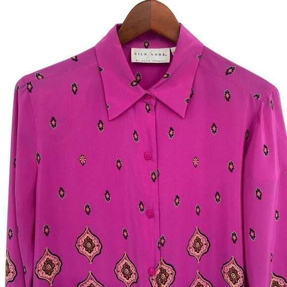 Silk Lore By Beth Terrell 100% Silk Button Front Blouse Pink/Orange Size Small - Picture 3 of 9
